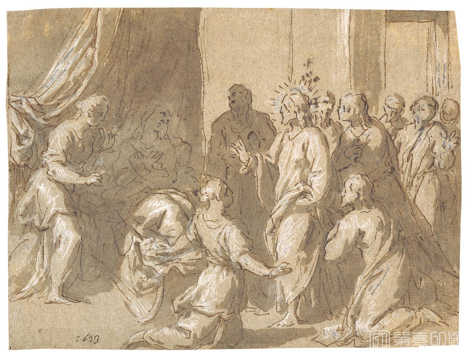 素描-西班牙普拉多美术馆素描藏画-Palma-Cristo en compania de los Apostoles visitando a la suegra de San Pedro-1471